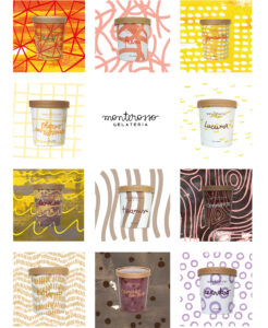 Sistema di packaging Monterosso Gelateria con texture, colori e lettering differenti per ogni gusto.