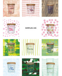 Identità visiva applicata al packaging Monterosso Gelateria attraverso pattern artigianali, colori e lettering manuale.
