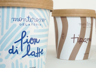 Packaging Monterosso Gelateria per Fior di Latte e Tiramisù con lettering manuale e pattern coordinati.
