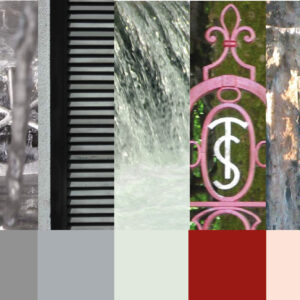 Palette cromatica e ricerca visiva per il brand territoriale San Pellegrino Terme, ispirate ad acqua, natura e architettura.
