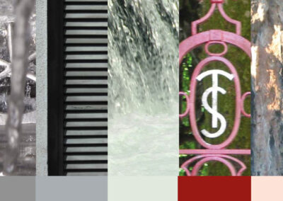Palette cromatica e ricerca visiva per il brand territoriale San Pellegrino Terme, ispirate ad acqua, natura e architettura.