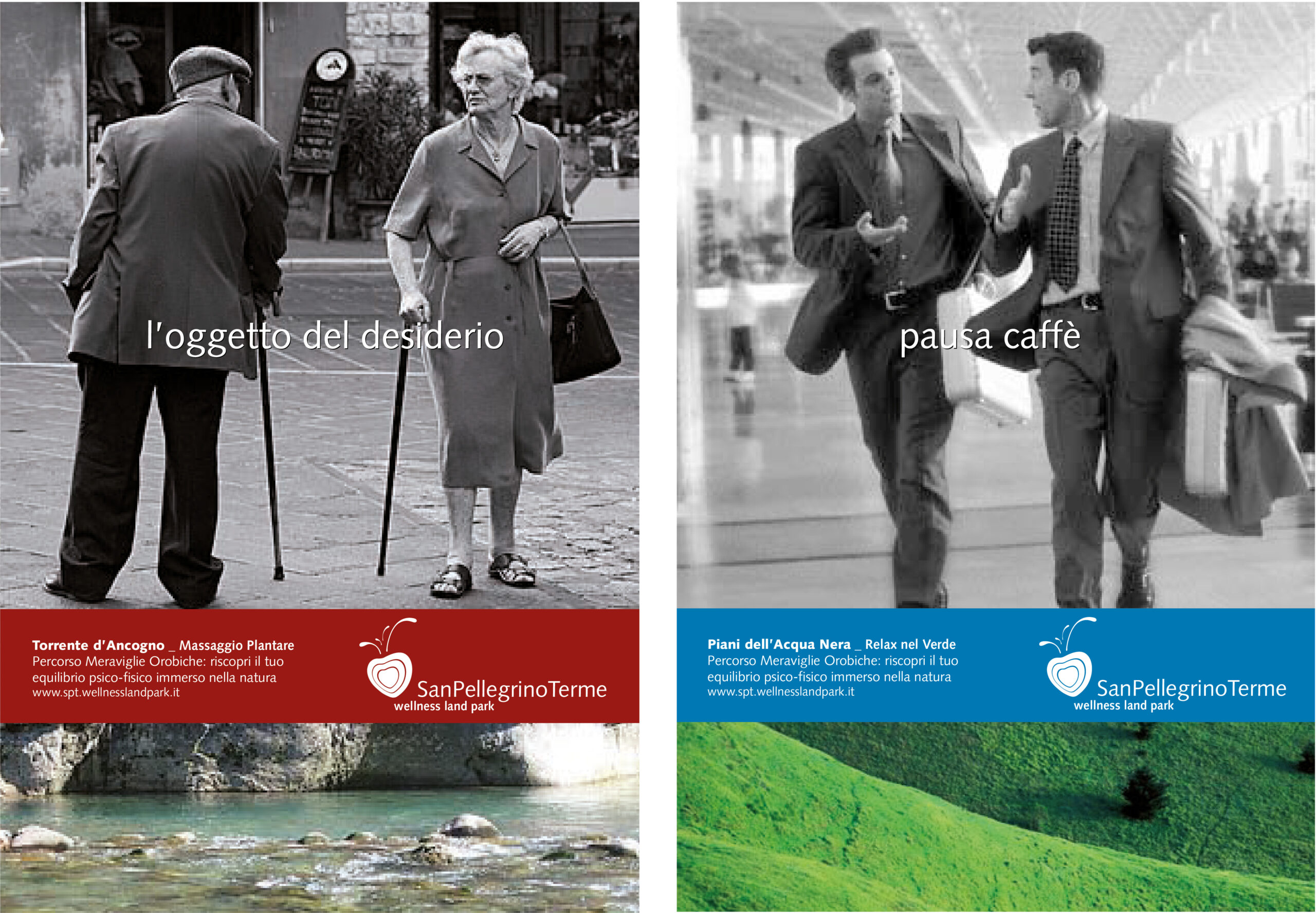 Applicazioni della comunicazione per il brand territoriale San Pellegrino Terme dedicate a natura, relax e benessere.