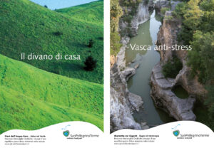 Campagna visiva Wellness Land Park per San Pellegrino Terme, con immagini del territorio e messaggi dedicati al benessere.