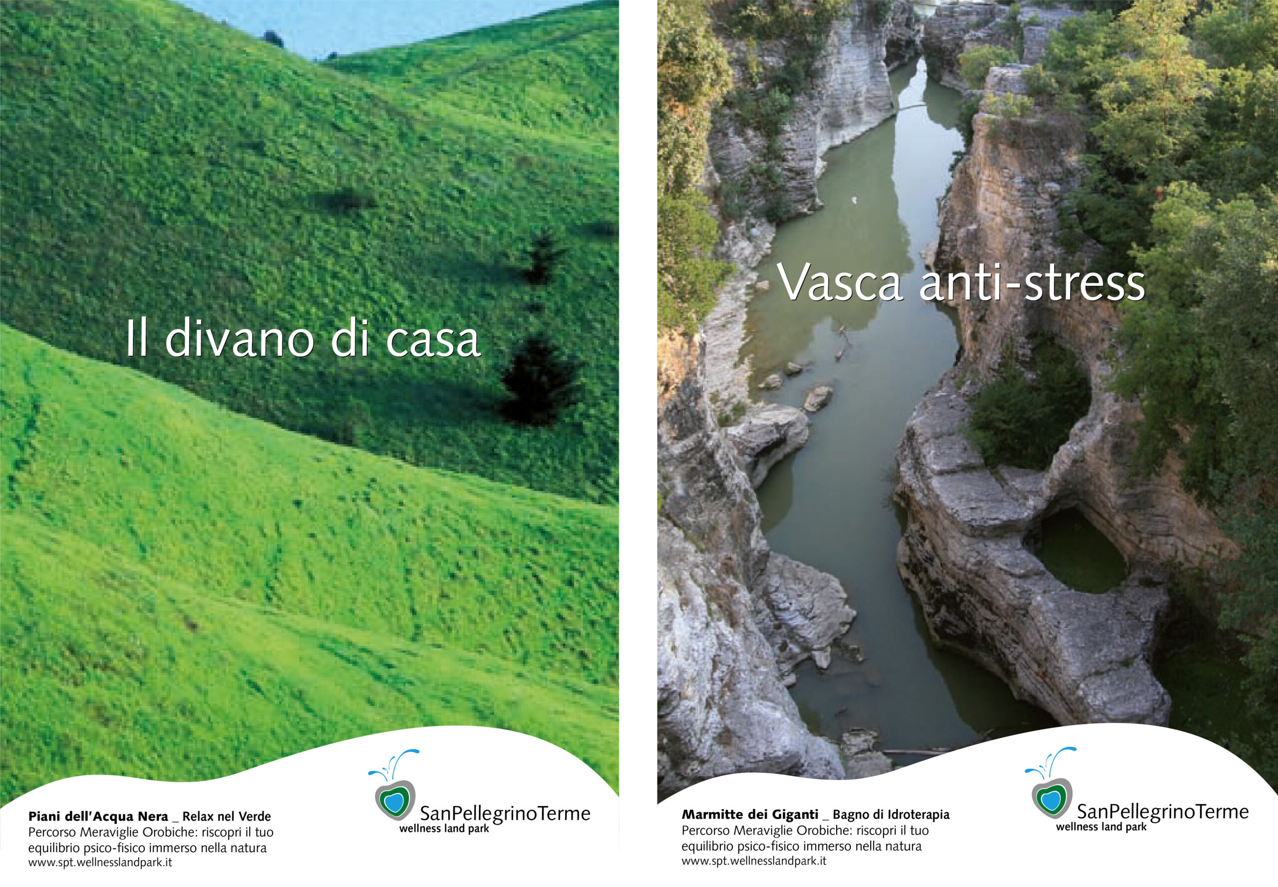 Campagna visiva Wellness Land Park per San Pellegrino Terme, con immagini del territorio e messaggi dedicati al benessere.
